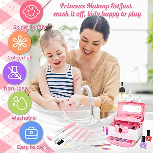 Cheap 😉 Kids Makeup Kit For 👧 Girls, Washable Little 👧 Girls Toddler Makeup Set Toy, Frozen Makeup Set Real Cosmetic Toy For Girl, Safe Play Makeup For Little 👧 Girls 3-12 Year Old Kids ❄ Christmas 🎂 Birthday Gift Blue 🔔