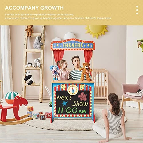 New ✔️ Deluxe Wooden Puppet Theater With Curtains, Blackboard And Clock, Double-Sided Play Store 3-8Y & Kid Puppet Show Theater With 2 Hand Puppets And 4 Finger Puppets For Toddlers 1-3 ✨ - Image 2