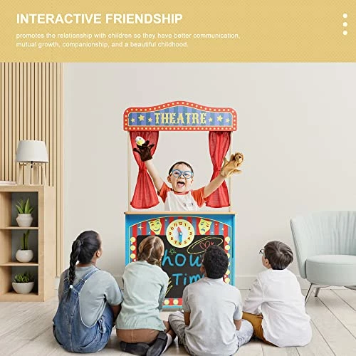 New ✔️ Deluxe Wooden Puppet Theater With Curtains, Blackboard And Clock, Double-Sided Play Store 3-8Y & Kid Puppet Show Theater With 2 Hand Puppets And 4 Finger Puppets For Toddlers 1-3 ✨ - Image 3