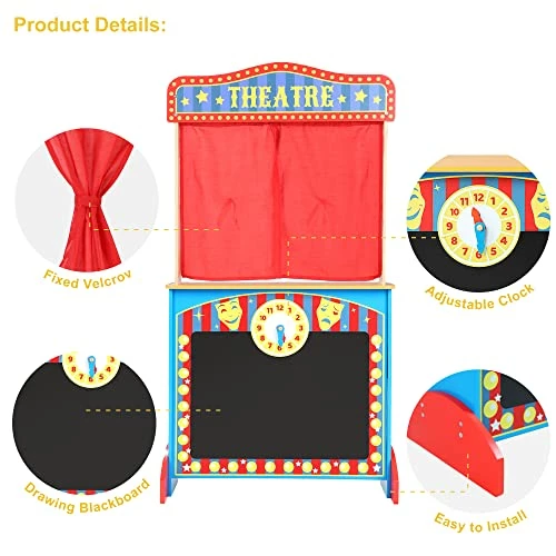 New ✔️ Deluxe Wooden Puppet Theater With Curtains, Blackboard And Clock, Double-Sided Play Store 3-8Y & Kid Puppet Show Theater With 2 Hand Puppets And 4 Finger Puppets For Toddlers 1-3 ✨ - Image 5