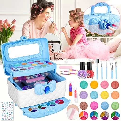 Cheap 😉 Kids Makeup Kit For 👧 Girls, Washable Little 👧 Girls Toddler Makeup Set Toy, Frozen Makeup Set Real Cosmetic Toy For Girl, Safe Play Makeup For Little 👧 Girls 3-12 Year Old Kids ❄ Christmas 🎂 Birthday Gift Blue 🔔 - Image 5
