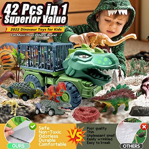 Brand new ๐ฅ Dinosaur Truck Toys For 3 4 5 6 7 Year Old Boys, 42 In 1 Kids Toys Carrier Truck Car Toys With Dinosaur Toys For Kids 3-5 5-7, Pull Back Cars, Activity Playmat, Car Playset ๐ Christmas ๐ฅณ Birthday Gifts Green Tyrannosaurus W/ Music&light ๐ - Image 2