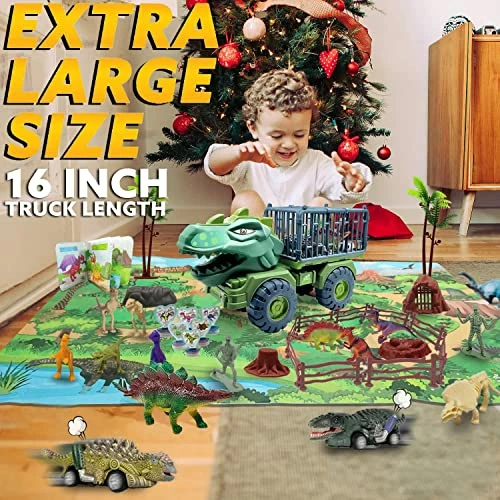 Brand new ๐ฅ Dinosaur Truck Toys For 3 4 5 6 7 Year Old Boys, 42 In 1 Kids Toys Carrier Truck Car Toys With Dinosaur Toys For Kids 3-5 5-7, Pull Back Cars, Activity Playmat, Car Playset ๐ Christmas ๐ฅณ Birthday Gifts Green Tyrannosaurus W/ Music&light ๐ - Image 3