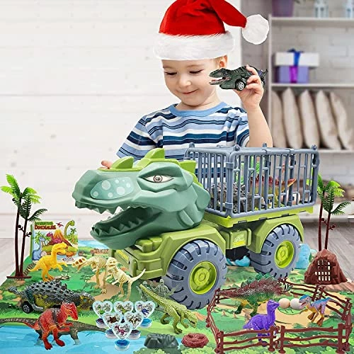 Brand new ๐ฅ Dinosaur Truck Toys For 3 4 5 6 7 Year Old Boys, 42 In 1 Kids Toys Carrier Truck Car Toys With Dinosaur Toys For Kids 3-5 5-7, Pull Back Cars, Activity Playmat, Car Playset ๐ Christmas ๐ฅณ Birthday Gifts Green Tyrannosaurus W/ Music&light ๐